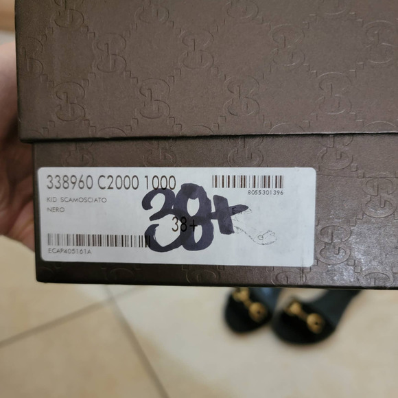 Gucci Suede Sandals Horsebit 38.5 Low Heel Black Gold Ankle Strap 338960 - Picture 3 of 15